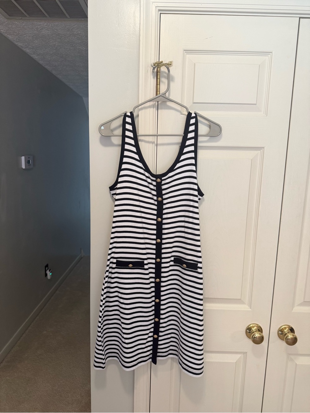 LOFT outlet medium Striped Button-Front Tank Dress in blue and White